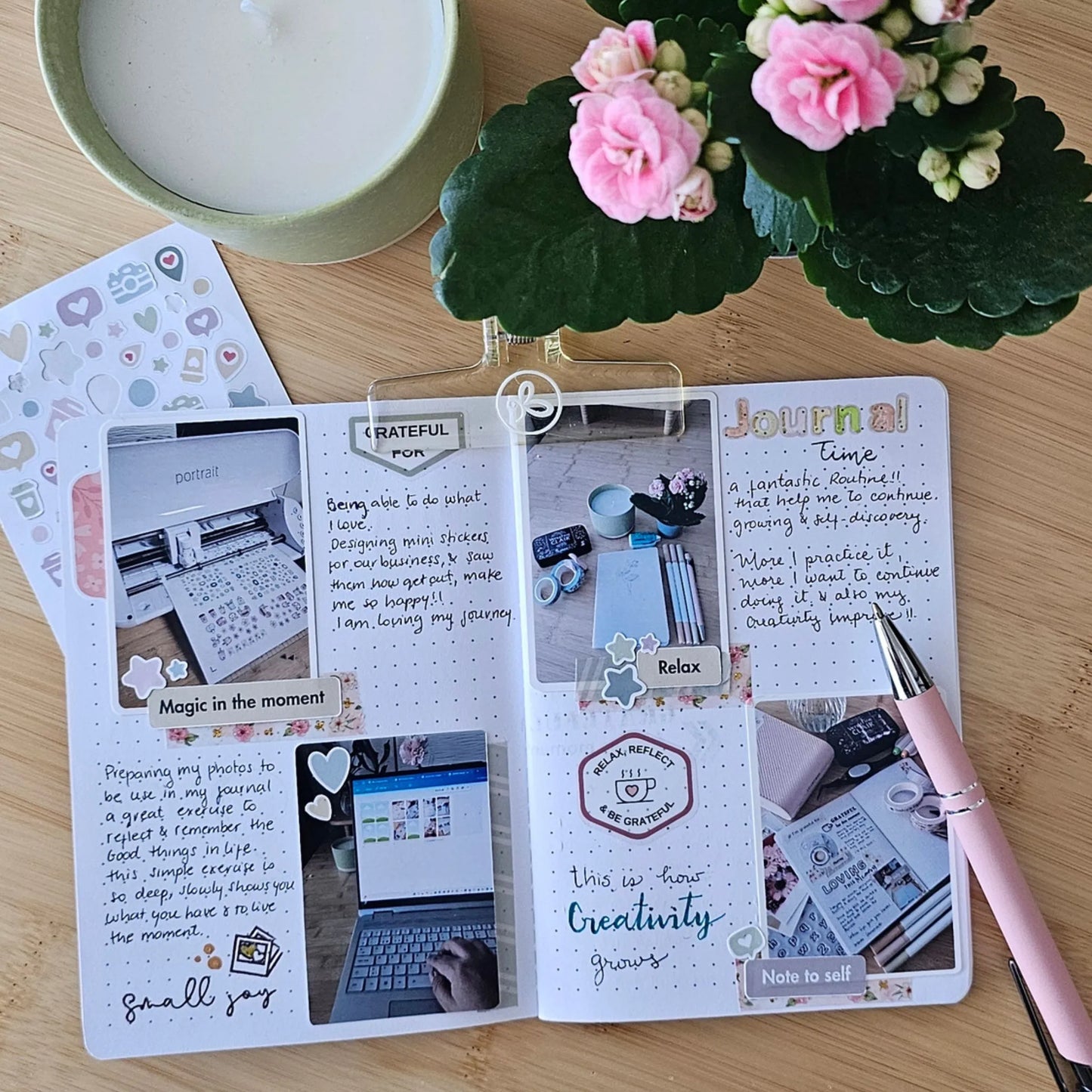 Artchemira open journal spread showing how to use pages with, photos, and notes for daily use