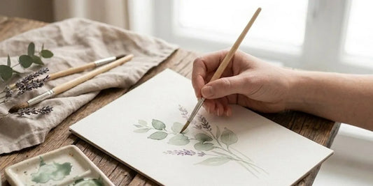 Hand painting botanical watercolor of lavender and leaves on textured paper beside brushes and linen cloth — symbolizing creativity as embodied wisdom.