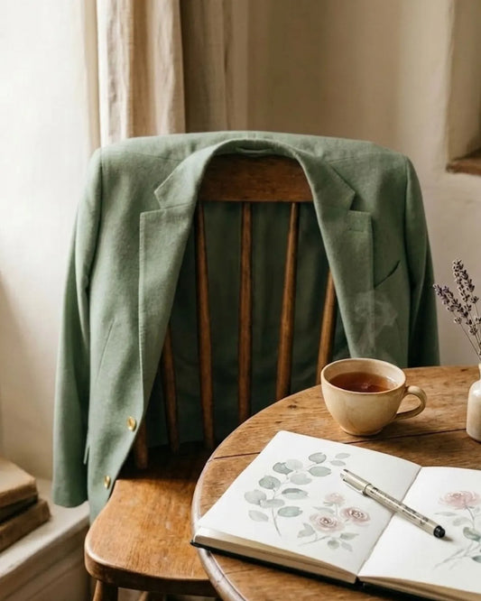 Cozy creative workspace with green jacket on chair, coffee cup, and open journal with botanical watercolor illustrations — symbolizing Krisna’s transition from corporate to creative life.