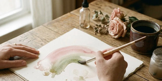 Hand painting soft watercolor strokes beside roses and tea, symbolizing emotional release through creativity