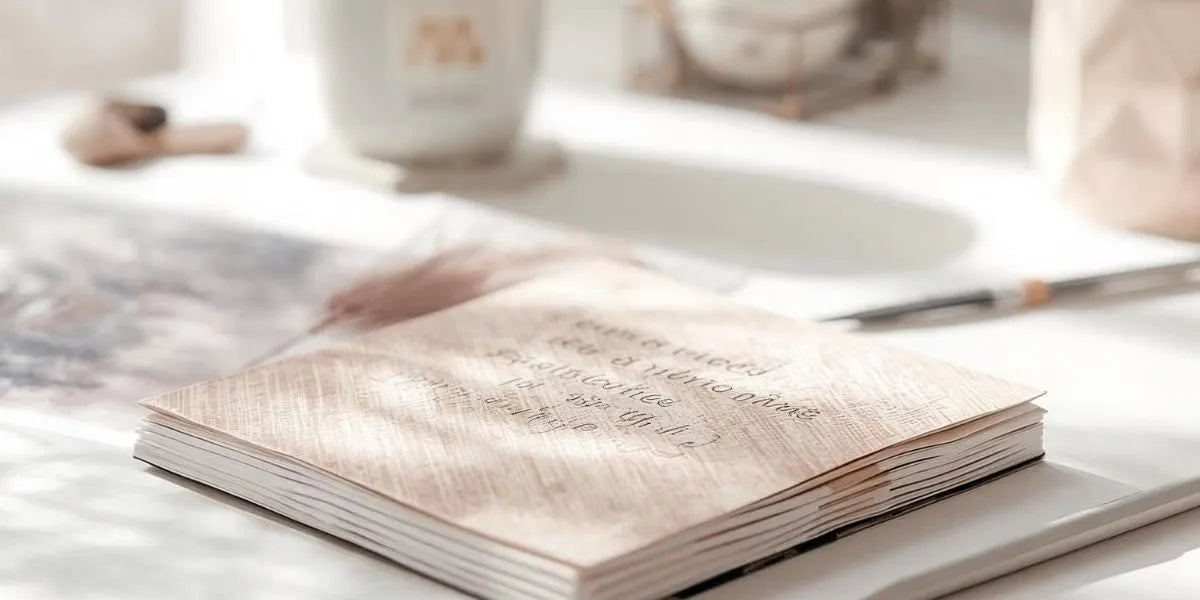 A close-up of a beige textured  journal with faint cursive writing, resting on a white surface with soft-focus background objects including a mug and a pen.