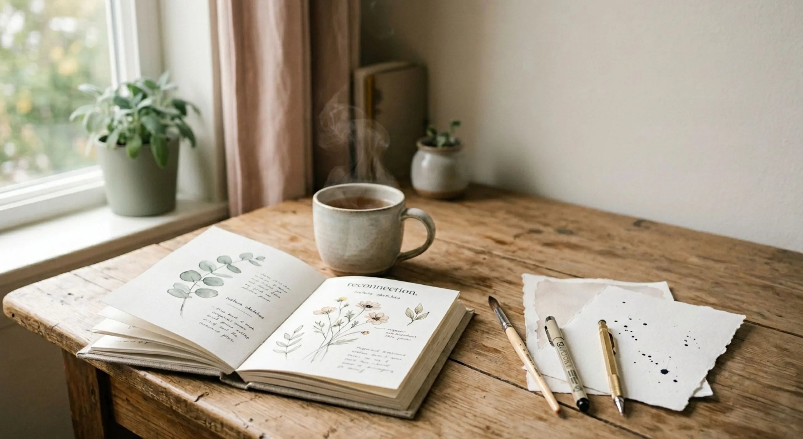 Open botanical sketchbook on wooden desk near window with natural light, pens, and mug — capturing the calm atmosphere of the creative studio
