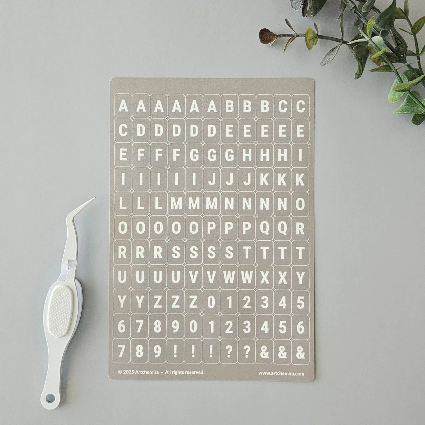 Artchemira cappuccino-toned alphabet sticker sheet with white crafting tweezer tool