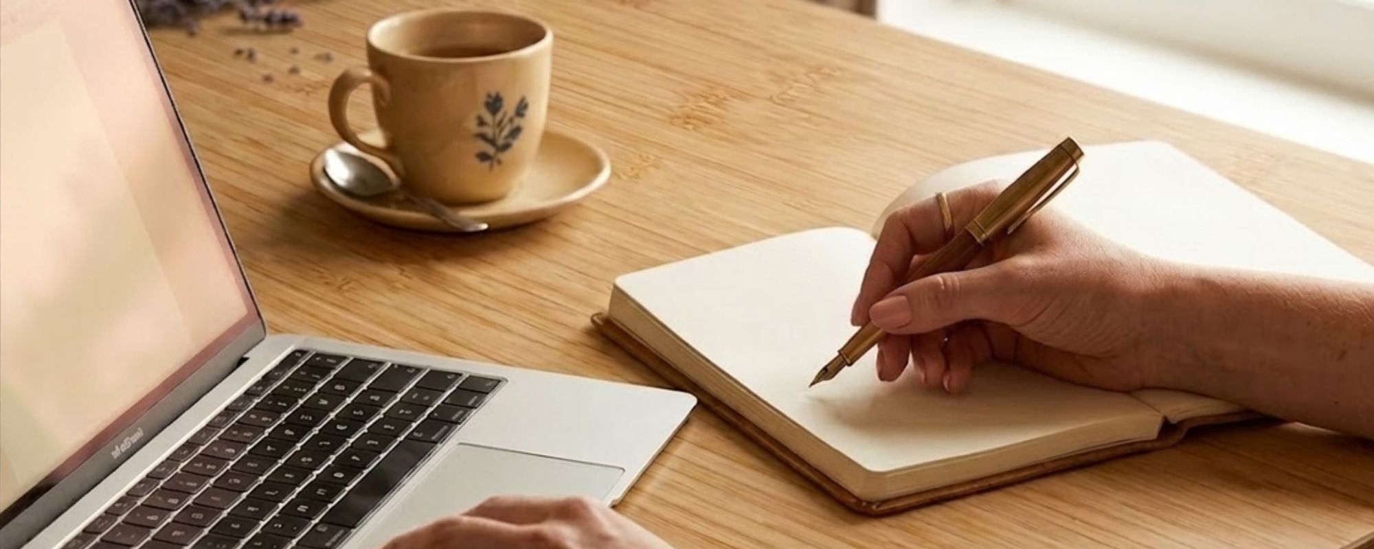 Person writing in a notebook with a laptop and coffee cup — book a creative coaching call with Artchemira