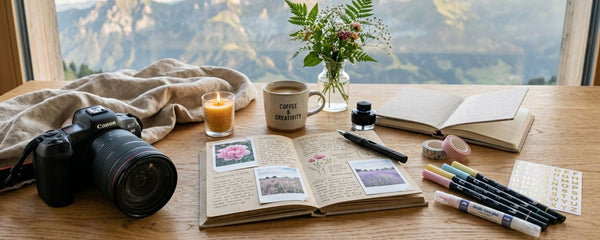 Flat lay of journaling tools, camera and botanicals on a wooden desk — Artchemira creative blog