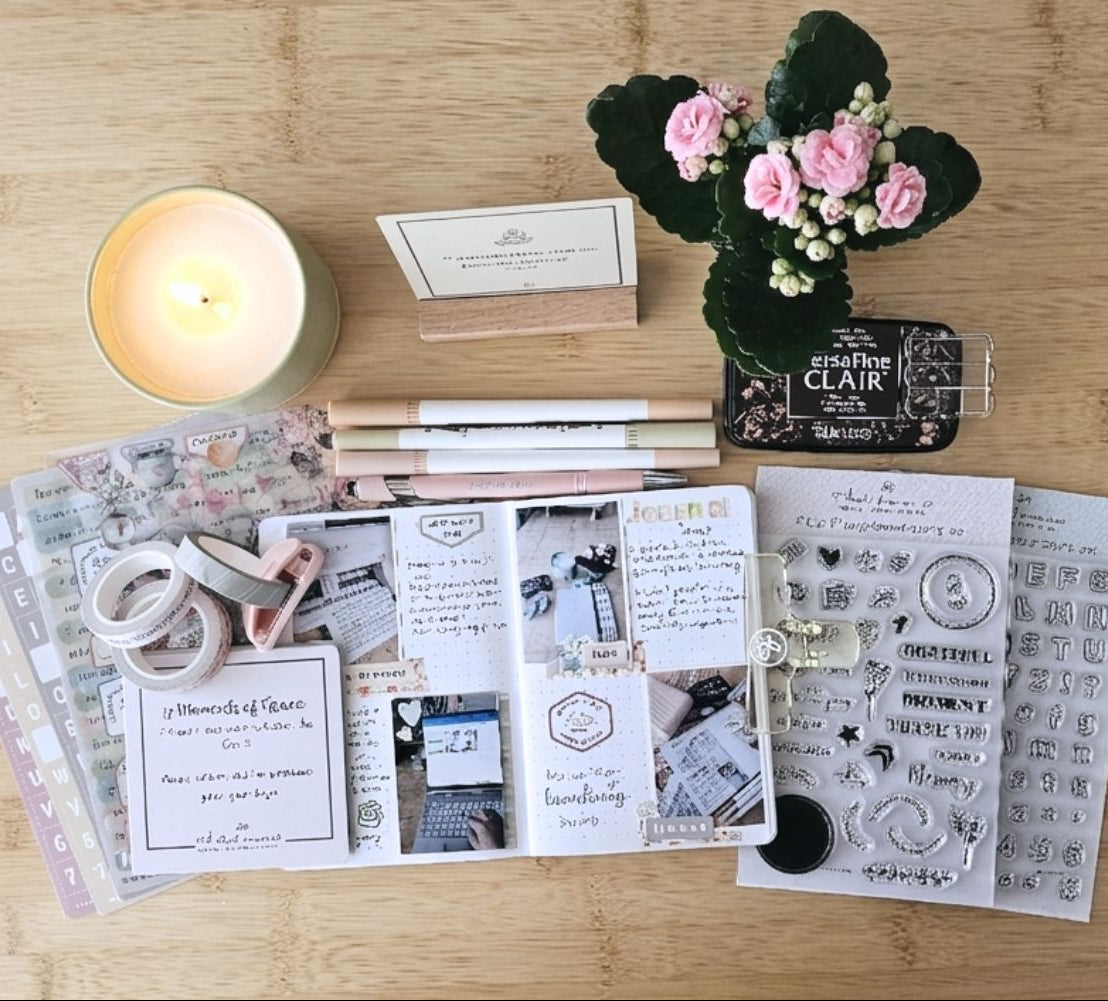 Flat‑lay of Artchemira creative journaling workspace with candle, pink flowers, open art journal, pens, washi tapes, and stamps — inspiring mindful creativity and stationery aesthetics