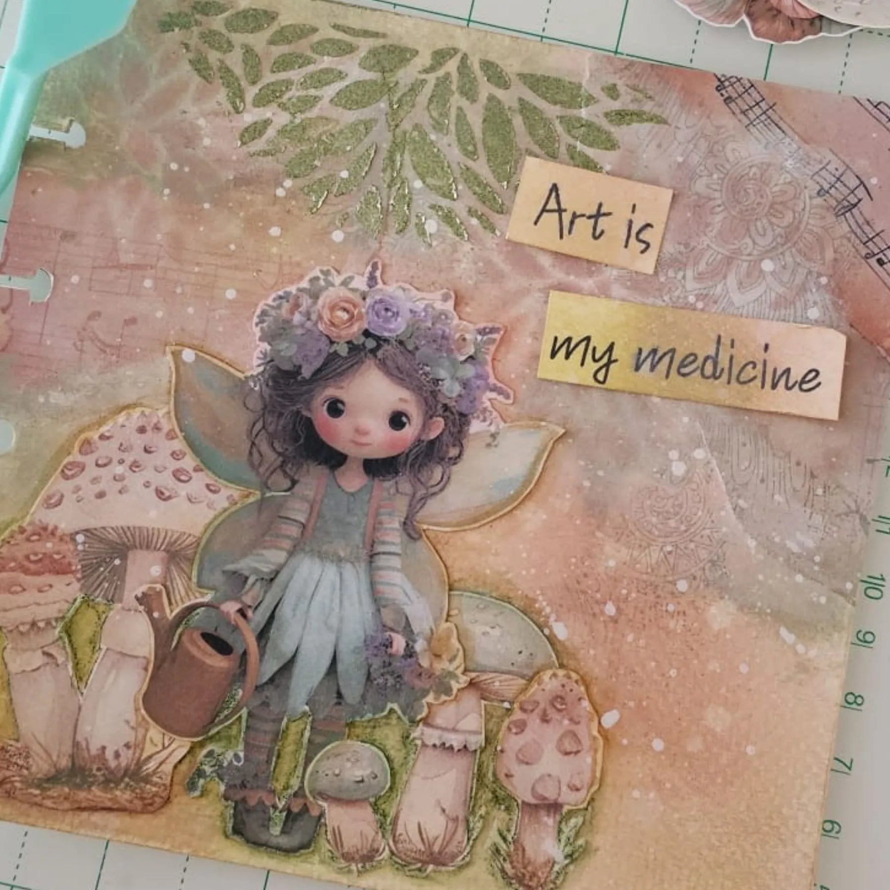 Creative Mixed Media Whimsical  Illustration of a girl, surrounded by nature-themed elements on a textured background.