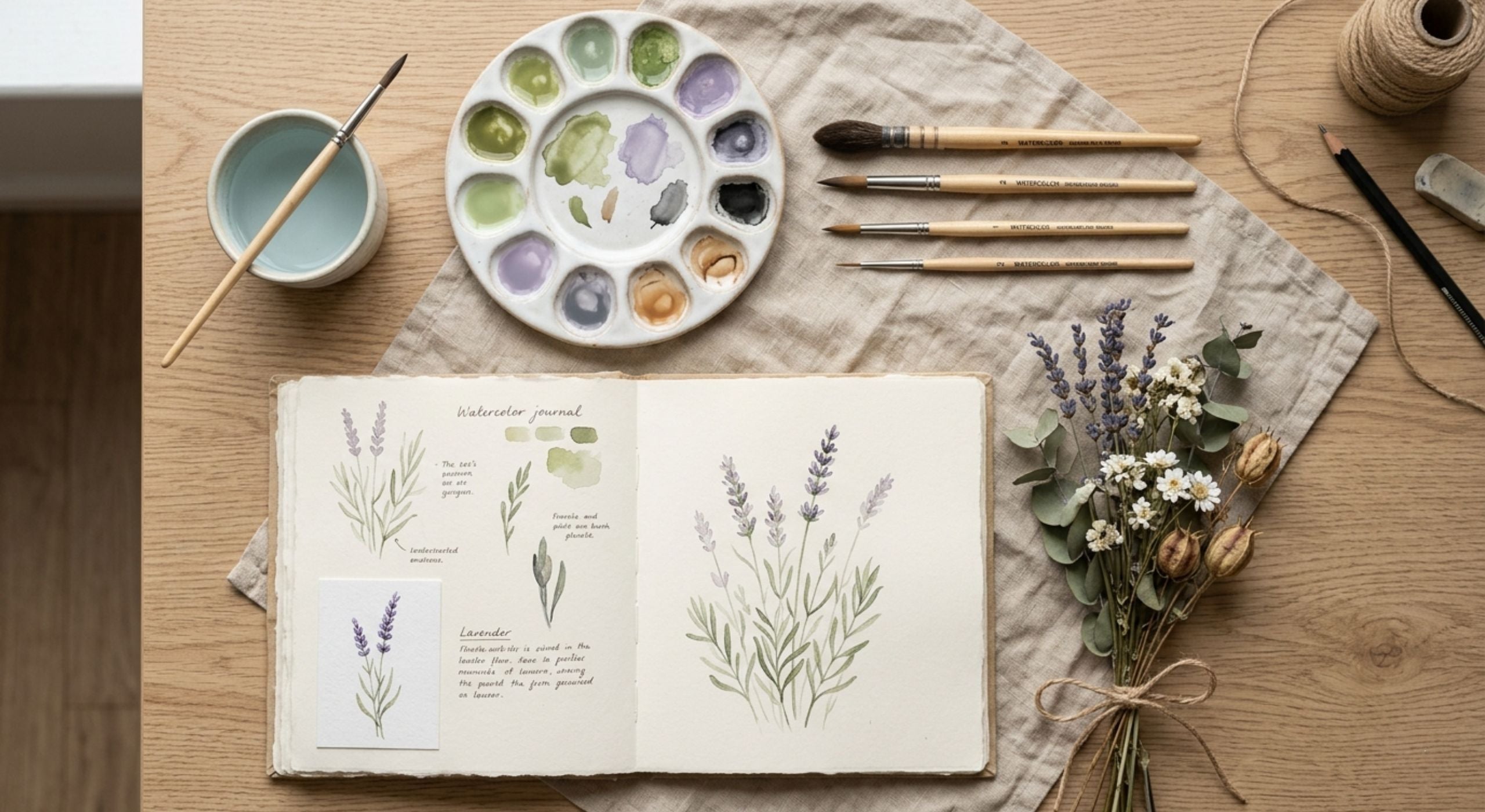 Flat lay of watercolor journal pages featuring lavender sketches, paintbrushes, and palette on a wooden table — symbolizing creative healing through art and mindfulness