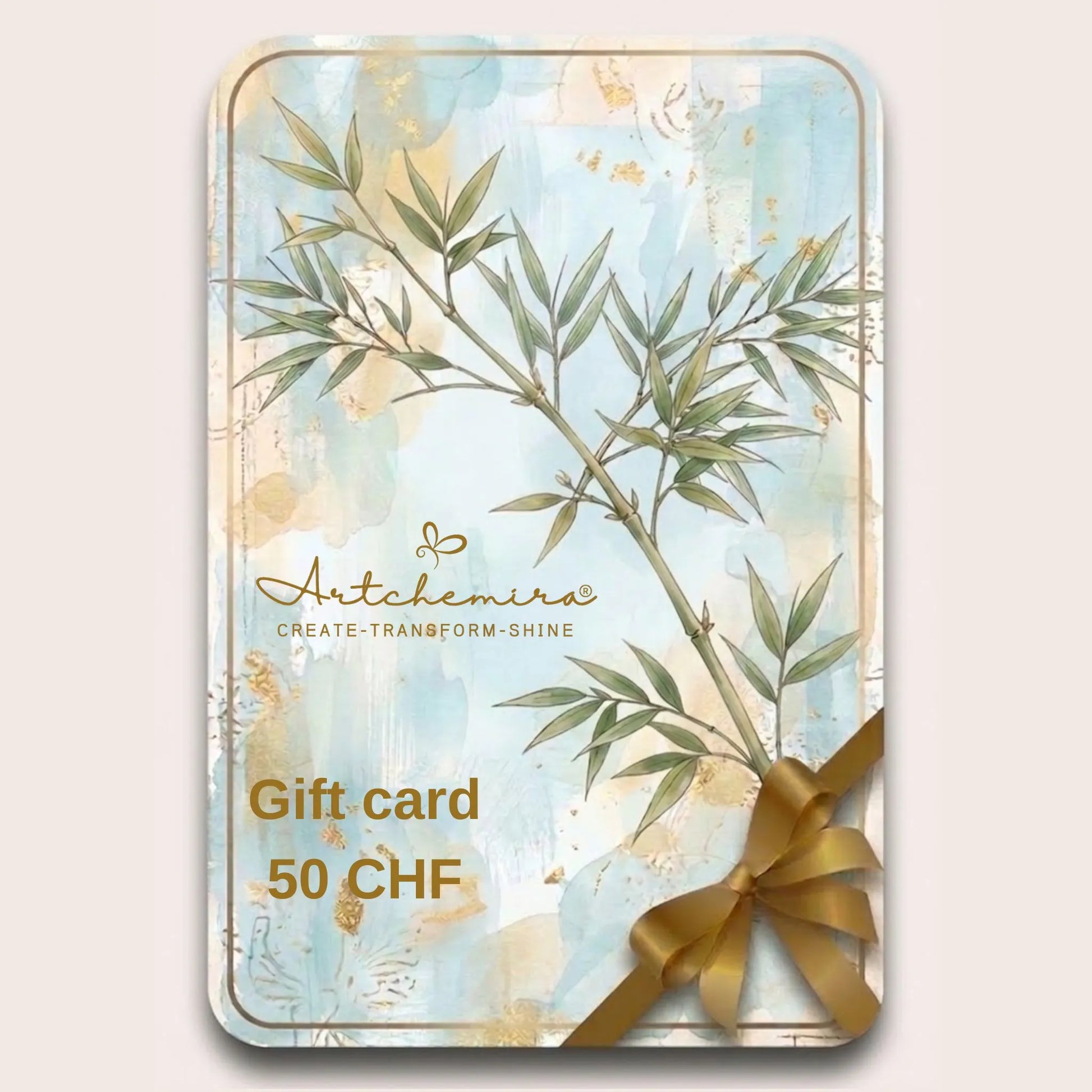 Artchemira Gift Card 50 CHF – Bamboo motif with serene blue tones and gold ribbon, evoking strength and calm balance