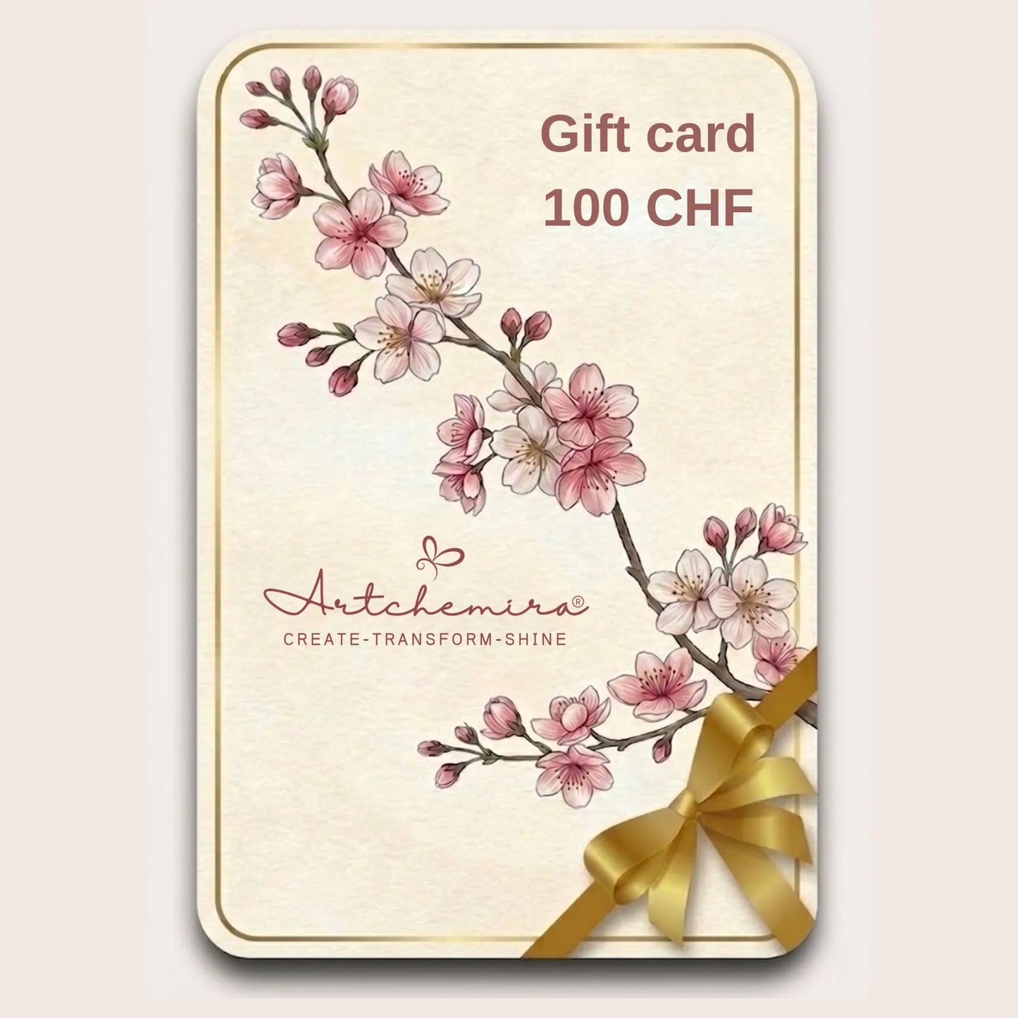 Artchemira Gift Card 100 CHF – Cherry Blossom design with delicate pink florals and gold ribbon, symbolizing renewal and gratitude