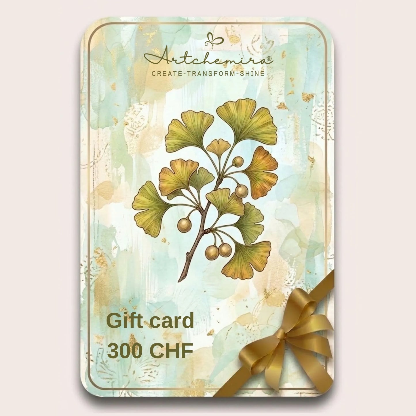 Artchemira Gift Card 300 CHF – Ginkgo Biloba leaves on soft aqua background, representing longevity and wisdom, finished with gold ribbon