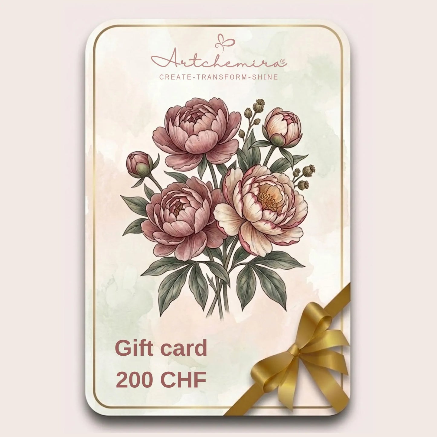 Artchemira Gift Card 200 CHF – Peony illustration in soft blush hues with gold ribbon, symbolizing prosperity and heartfelt beauty