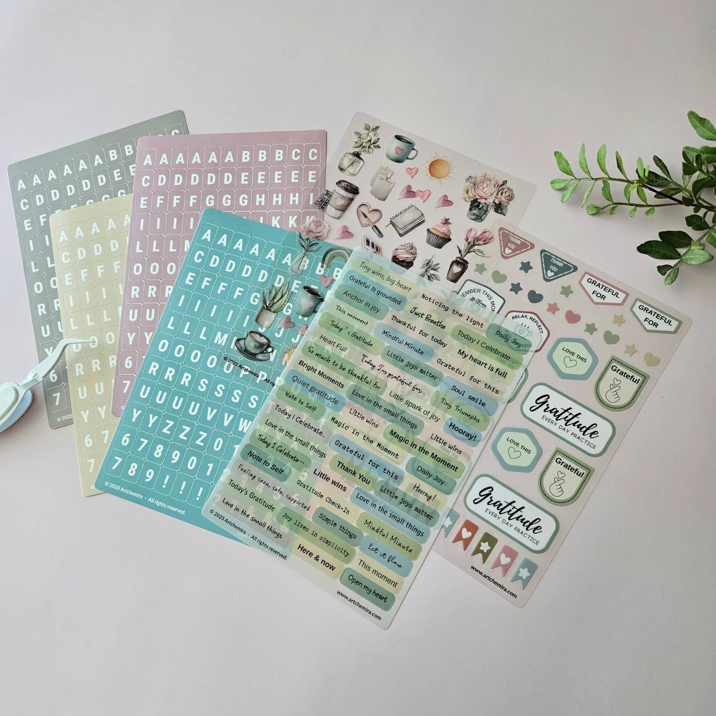 Artchemira gratitude full collection with sticker sheets, alphabet stickers, and journaling tools