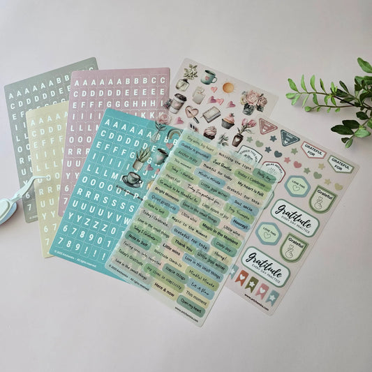 Artchemira gratitude full collection with sticker sheets, alphabet stickers, and journaling tools