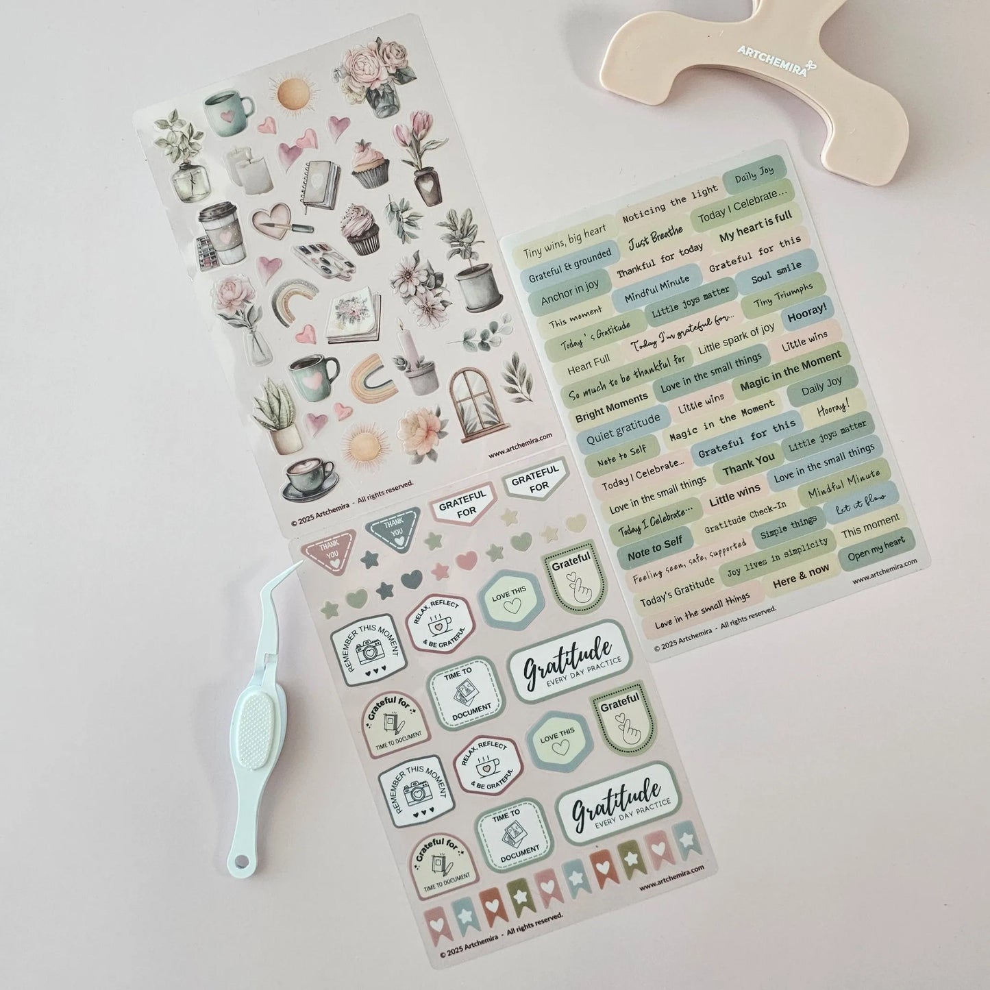 Artchemira decorative gratitude sticker set with pastel illustrated and text designs