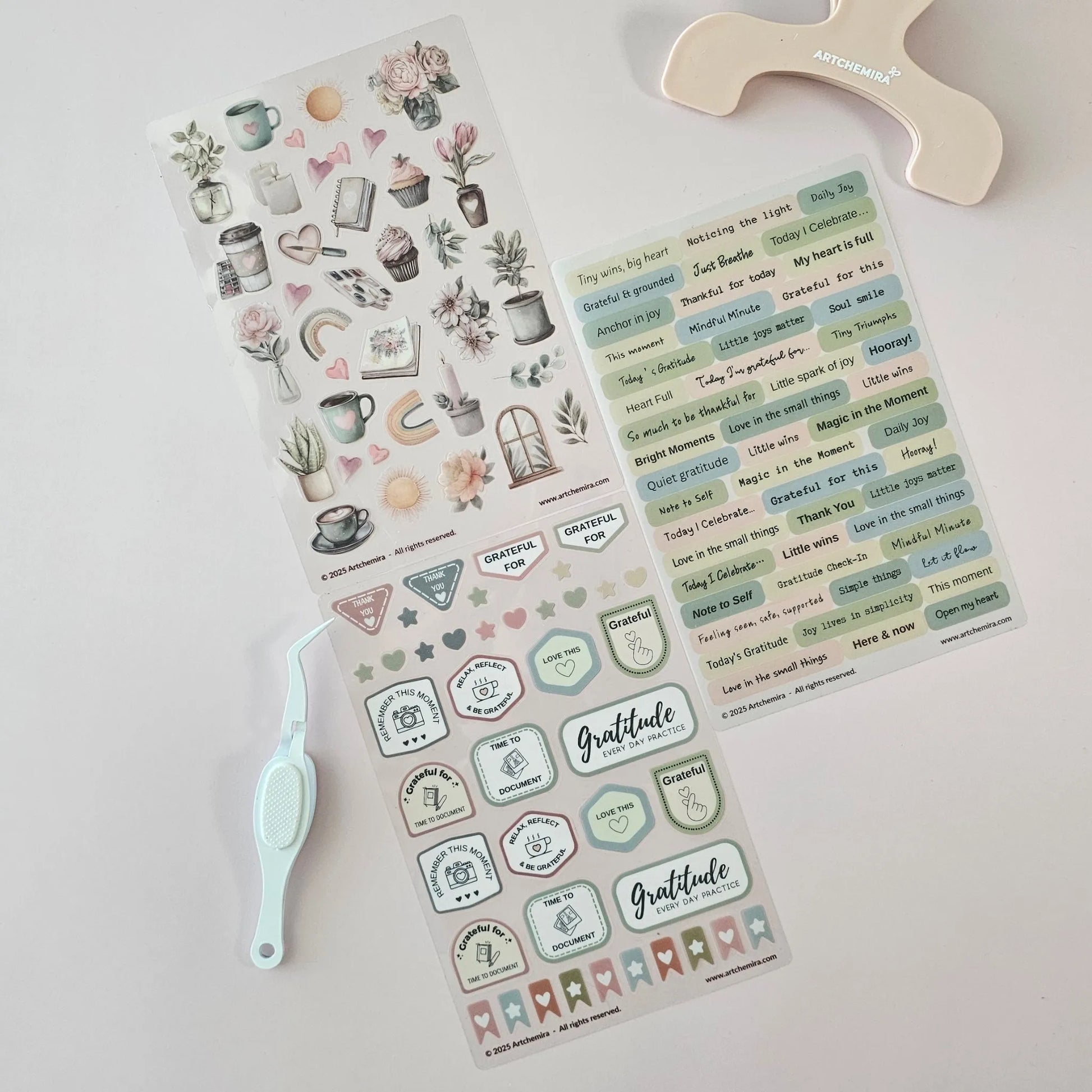 Artchemira decorative gratitude sticker set with pastel illustrated and text designs