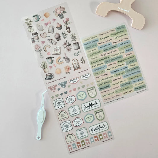 Artchemira decorative gratitude sticker set with pastel illustrated and text designs