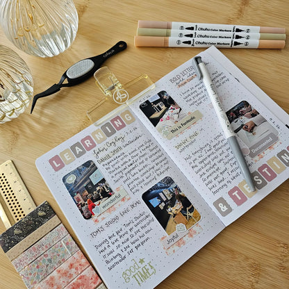 Artchemira journal spread showing how to use pages with photos, text, and creative layouts
