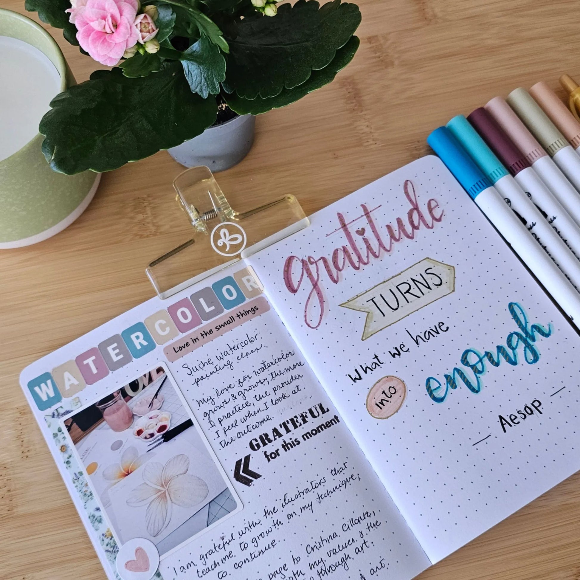 Artchemira open gratitude journal spread with stickers, markers, and colourful creative page layout