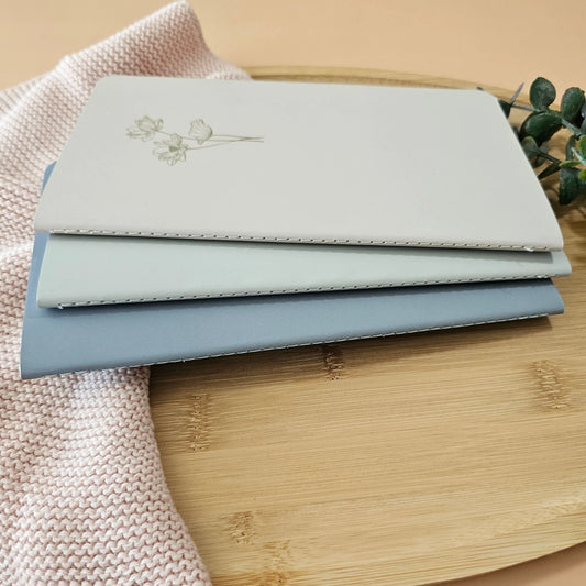 Artchemira large journal trio in cool steel, sage green, muted rosy featuring premium stitching