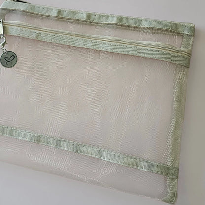 Artchemira A5 pastel beige nylon mesh journaling bag with double zipper, side view