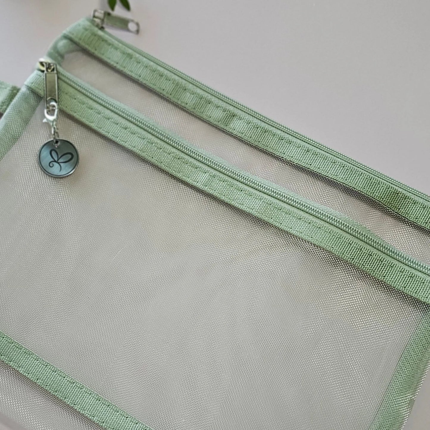 Artchemira A5 sage green nylon mesh journaling bag showing premium stich detail view