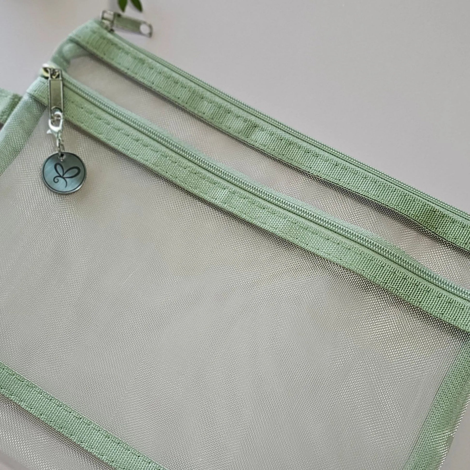 Artchemira A5 sage green nylon mesh journaling bag showing premium stich detail view