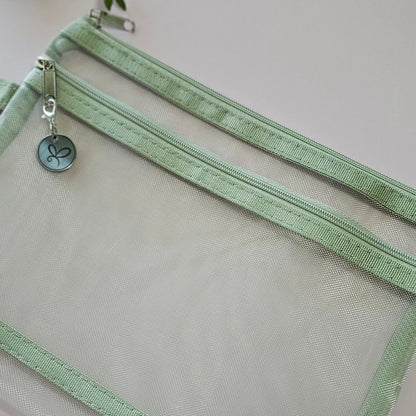 Artchemira A5 sage green nylon mesh journaling bag showing premium stich detail view