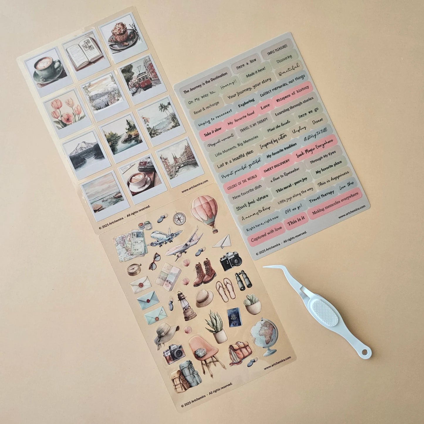 Artchemira travel sticker set with photographic and pastel-themed journal stickers